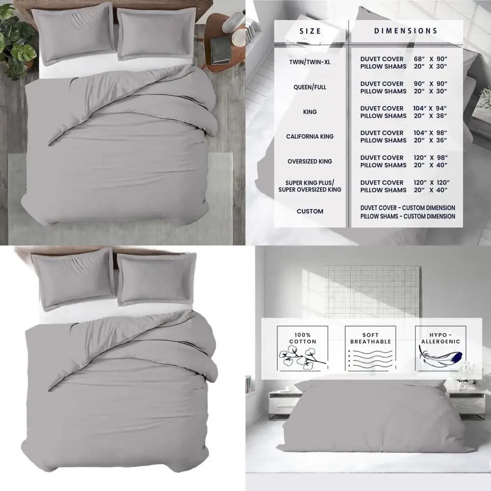 Copripiumino California King - 100% Cotone Egiziano, 600 Fili, Comfort Premium, Chiusura con Cerniera e Lacci, Argento, 104 x 98