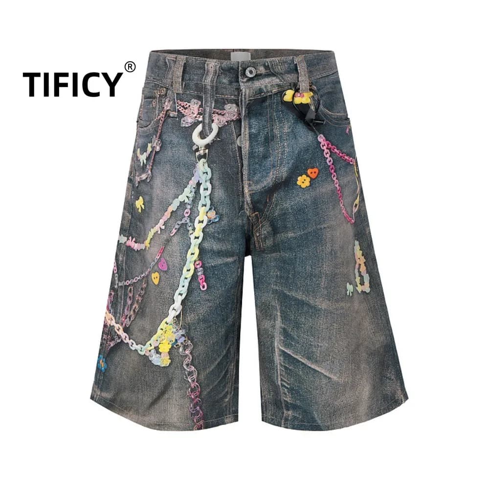 Pantaloncini di jeans High Street da uomo pesanti stampati in 3D con catena di caramelle stampati jeans a sette quarti pantaloncini casual abbigliamento da uomo