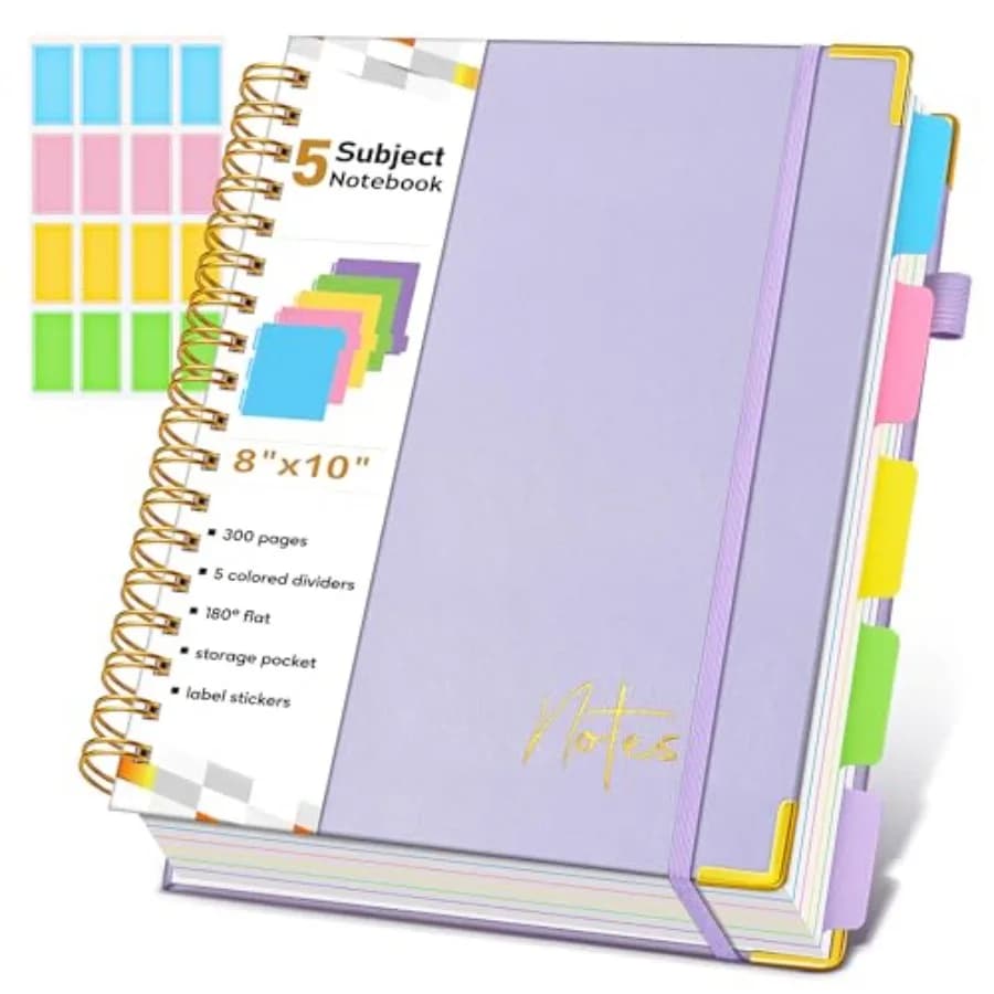 Spiral Notebook Journal with Removable Dividers Tabs, 300 Pages Hardcover Leather 5 Subject College Ruled Notebook, 8"x10" Larg