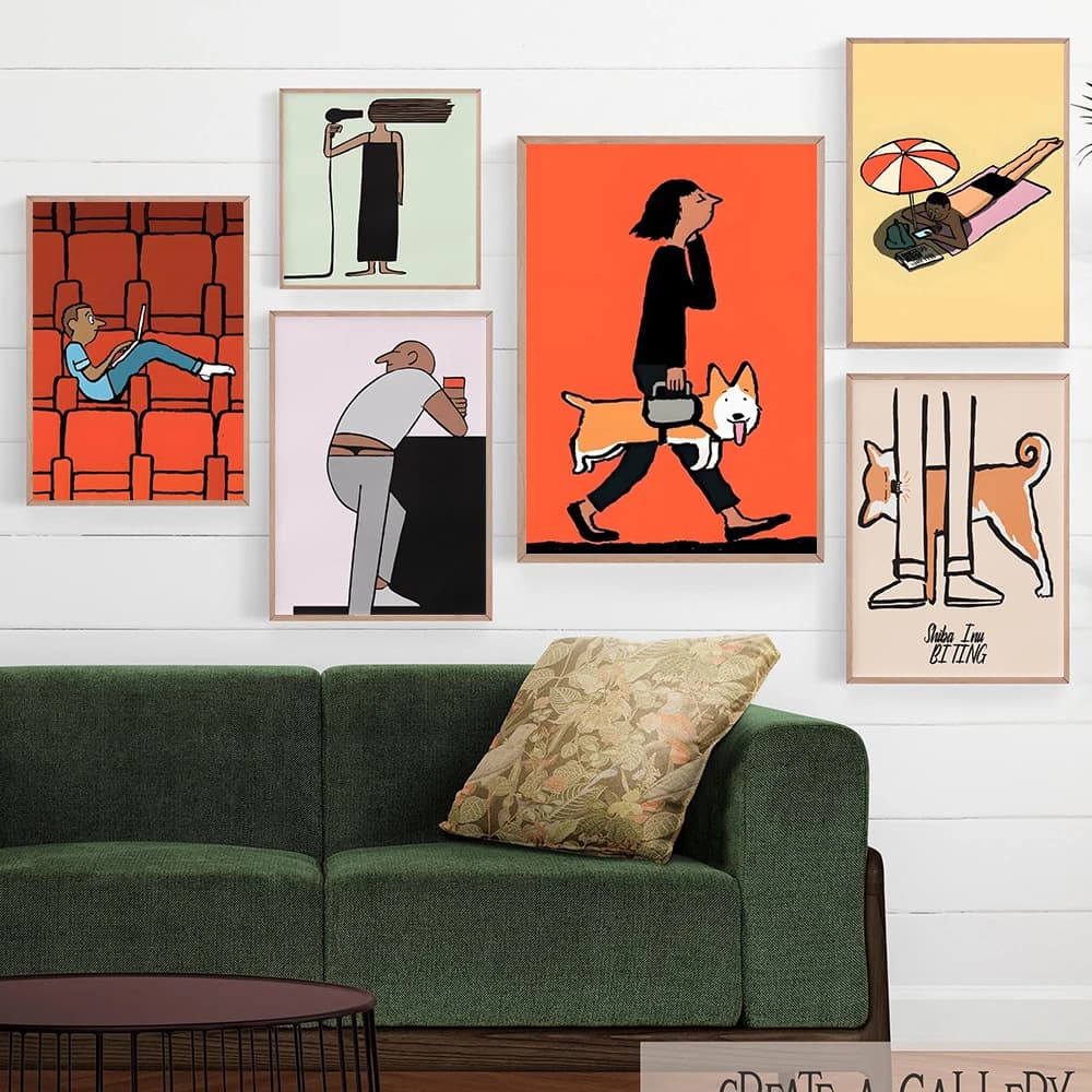 Unframe Hair Dryer Poster Humorous Bathroom Illustration with Blowing Hair Figure Pictures Modern Minimal Character Wall Art Pr
