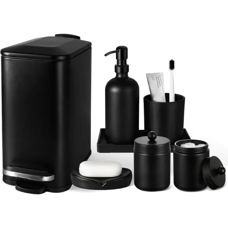 Set di accessori da bagno nero opaco 7 pezzi con pattumiera dispenser di sapone portasapone vassoio da toeletta supporto Qtip