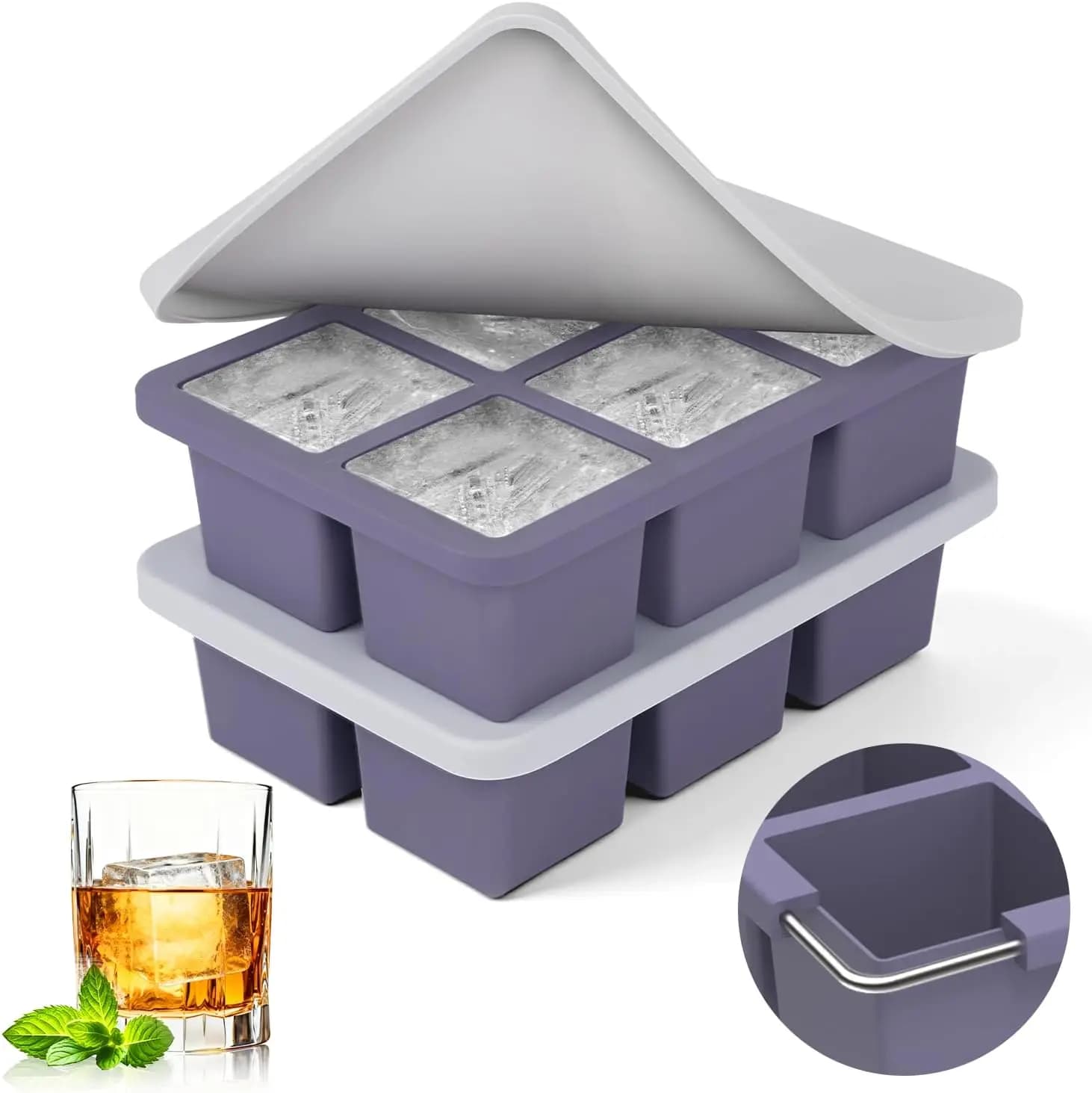 Set di 2 Grandi Stampi per Cubetti di Ghiaccio in Silicone: Stampi Quadrati per Ghiaccio da Whisky con Coperchio - Facile da Sformare, Senza BPA