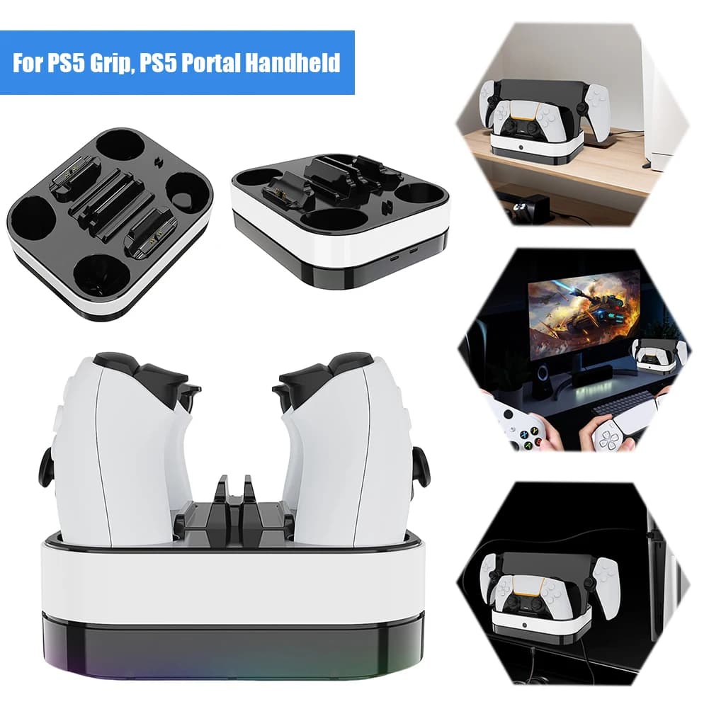 Stazione di Ricarica Rapida per PS5 con Cavi, Dock di Ricarica Doppio per Controller PS5 e Accessori per Giochi PS Portal