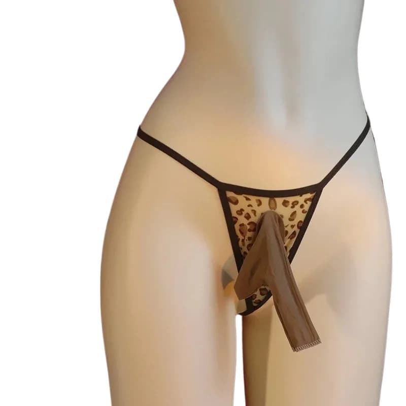 Mutandine a marsupio Sissy di grandi dimensioni da uomo sexy leopardo mini perizoma in rete bikini trasparente separazione proiettile manica del pene lingerie perizoma
