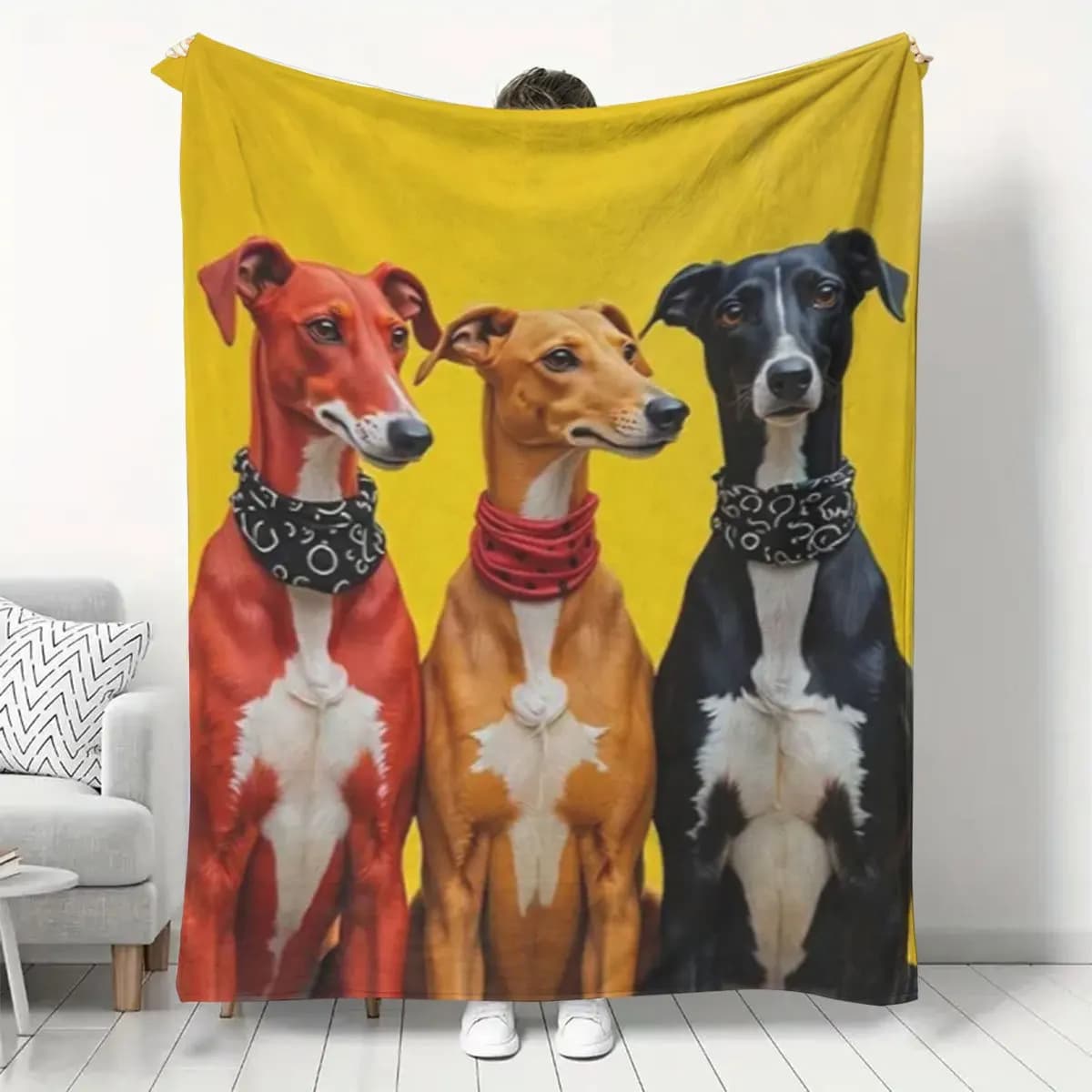 Stylish Whippet Greyhound Trio With Neck Scarf Pattern Flannel Blanket Cozy Plush Bedspread Portable Travel Blanket for Bedroom