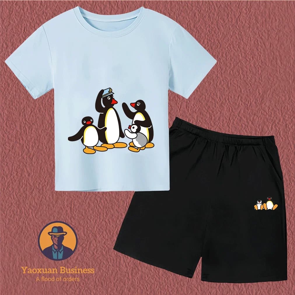 Completo 2 Pezzi Moda Bambino 2026 Stampa Anime PINGU Morbido con Cerniera Abbigliamento Estivo Casual - Grande Successo