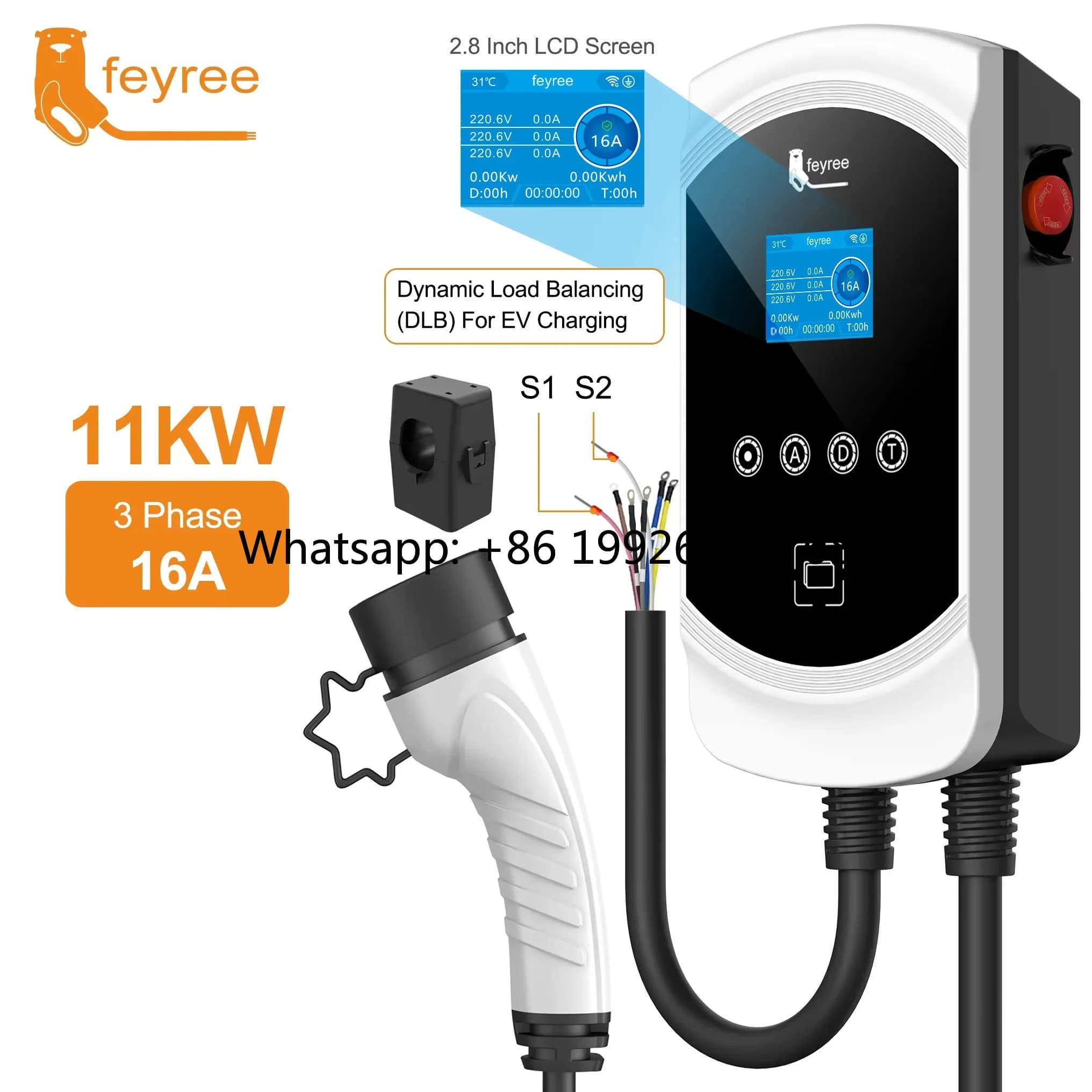 EV Feyree 11kW Wallbox Charging Spin Type 2 for Electric Cars, Triphase 16A DLB, Wall Charging Stations