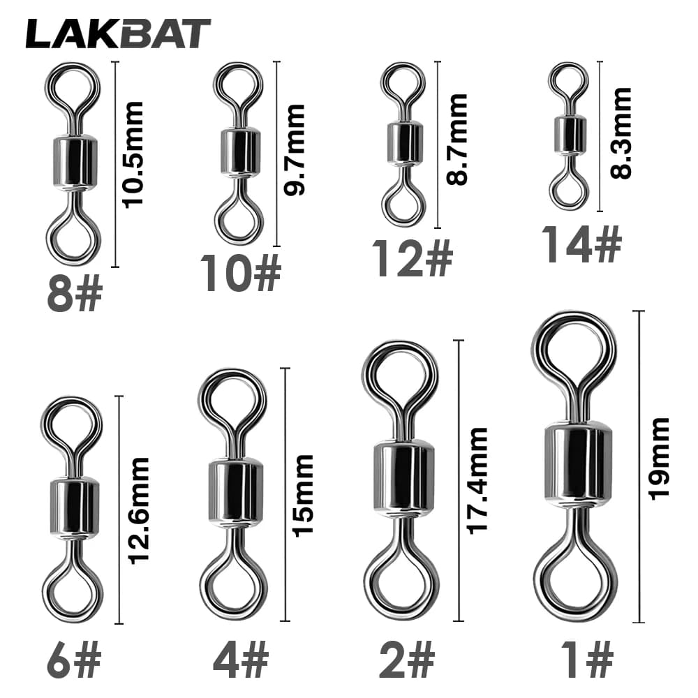 LAKBAT 200PCS Stainless Steel Bearing Fishing Swivels Rotating Line Connector Fresh Saltwater Tackle Box Lure Fishing Tools