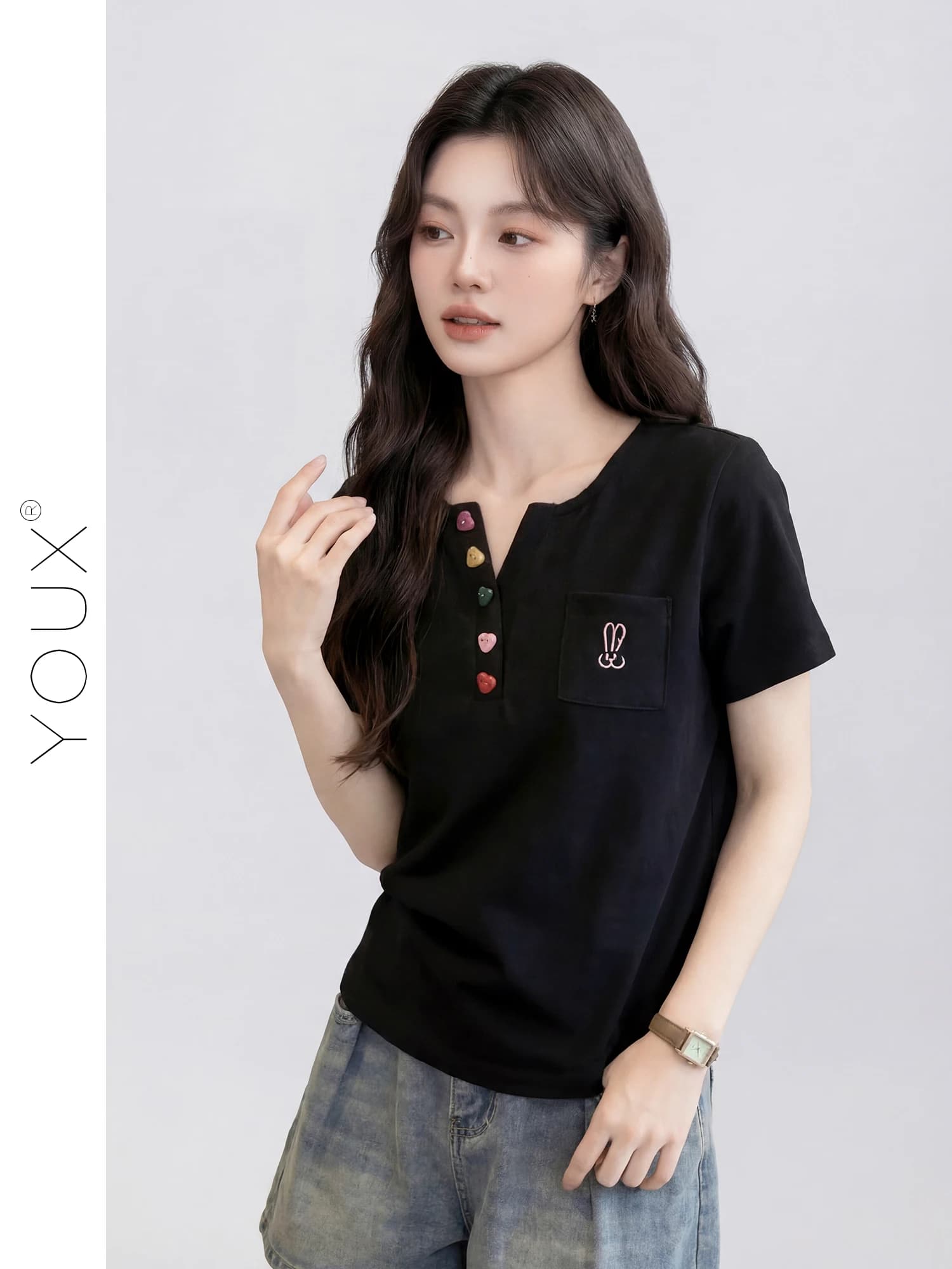 Black Embroidered Loose Short Sleeve V-Neck T-Shirt Summer New Style Slimming Effect Commute Style Universal Fit Cotton Blend