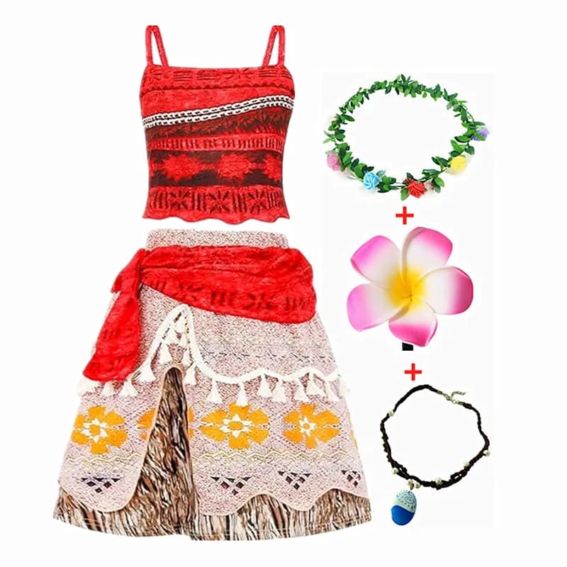 Moana Dress for Girls Cosplay Costume with Flower Necklace Her Hair Clip And Grass skirt Princess Costume for Birthday Gift