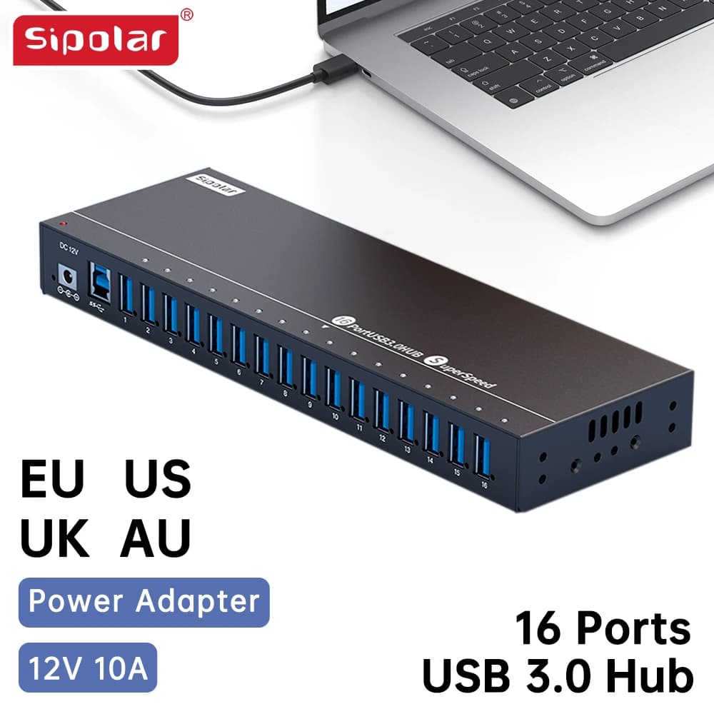 Sysolari dati hub USB 3.0 a 16 porte in metallo Sipolar A-316 e hub di ricarica con alimentazione da 120 W per tablet iPhone iPad Stazione di ricarica