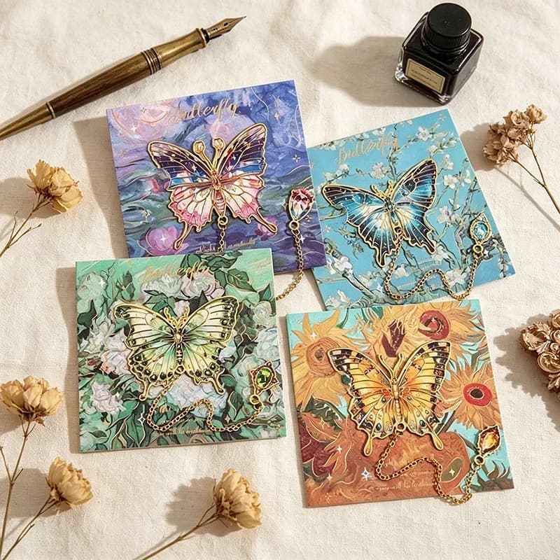 Hollow Butterfly Metal Bookmark Van Gogh Oil Painting Book Mark With Chain Pendant Vintage Reading Gift for Book Lovers Students