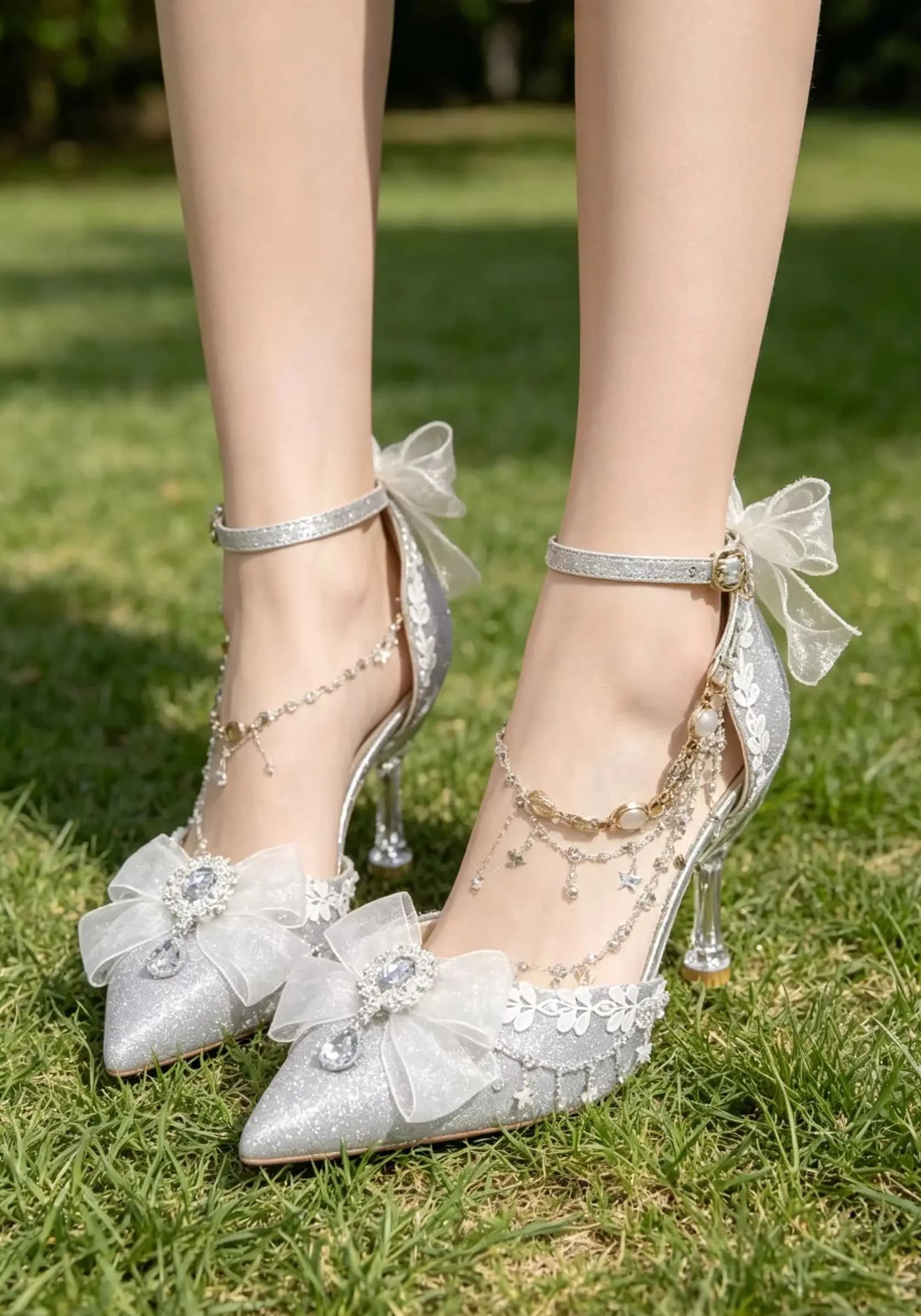 Silver Glitter Wedding Bridal High Heels Women Pointed Toe Bow Rhinestone Pearl Ankle Strap Stiletto Elegant Party Banquet Prom