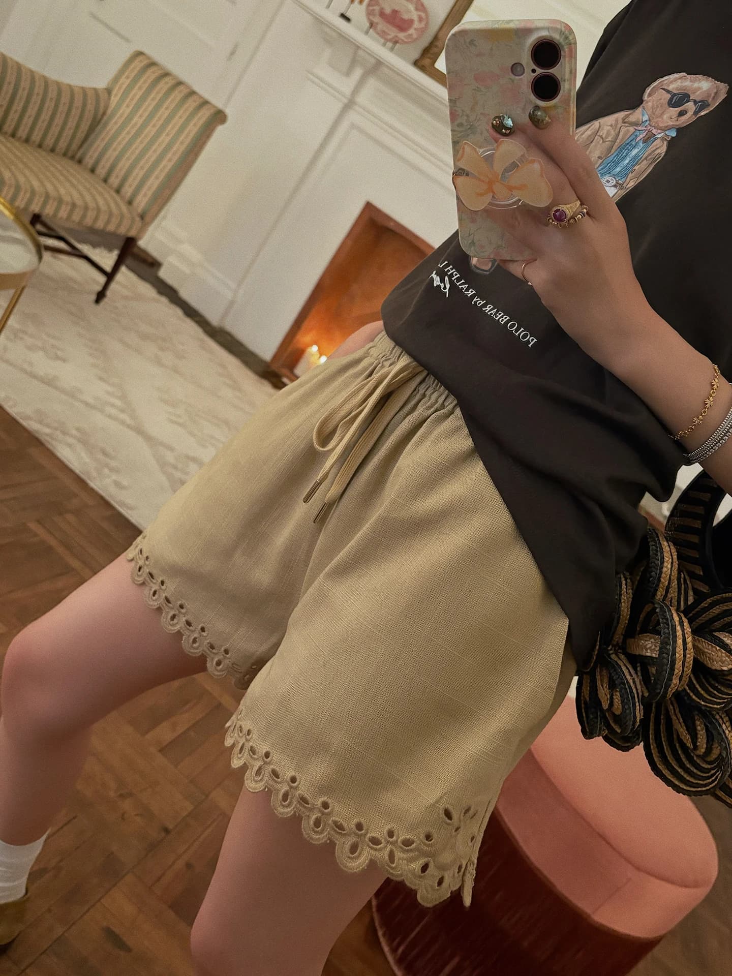 Pantaloncini Vimas con Ricami e Bordi Traforati, Vita Elastica, Gamba Dritta, Stile Casual da Donna