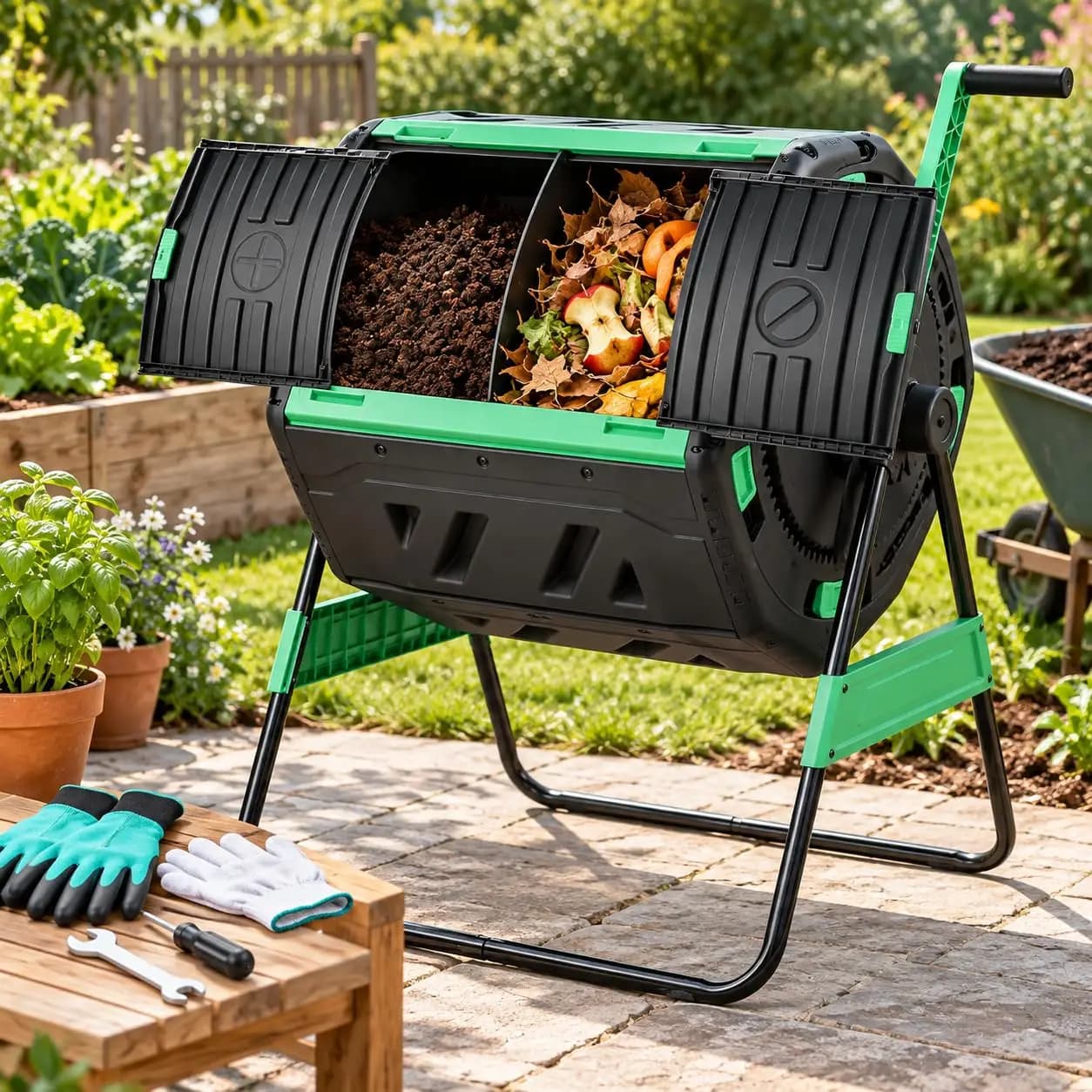 Compost Bin 53 Gallon Dual Chamber Compost Tumbler, Outdoor Large Tumbling Rotating Composter with 2 Sliding Doors, Steel Frame