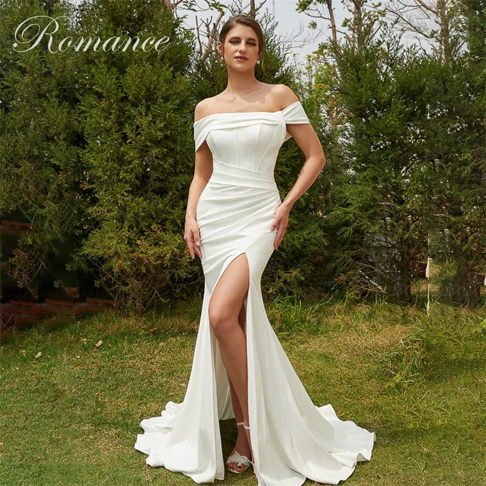Classic Pleat Off The Shoulder Mermaid Wedding Dress Women 2026 High Side Split Bridal Gown Buttons Vestidos De Novia Customized