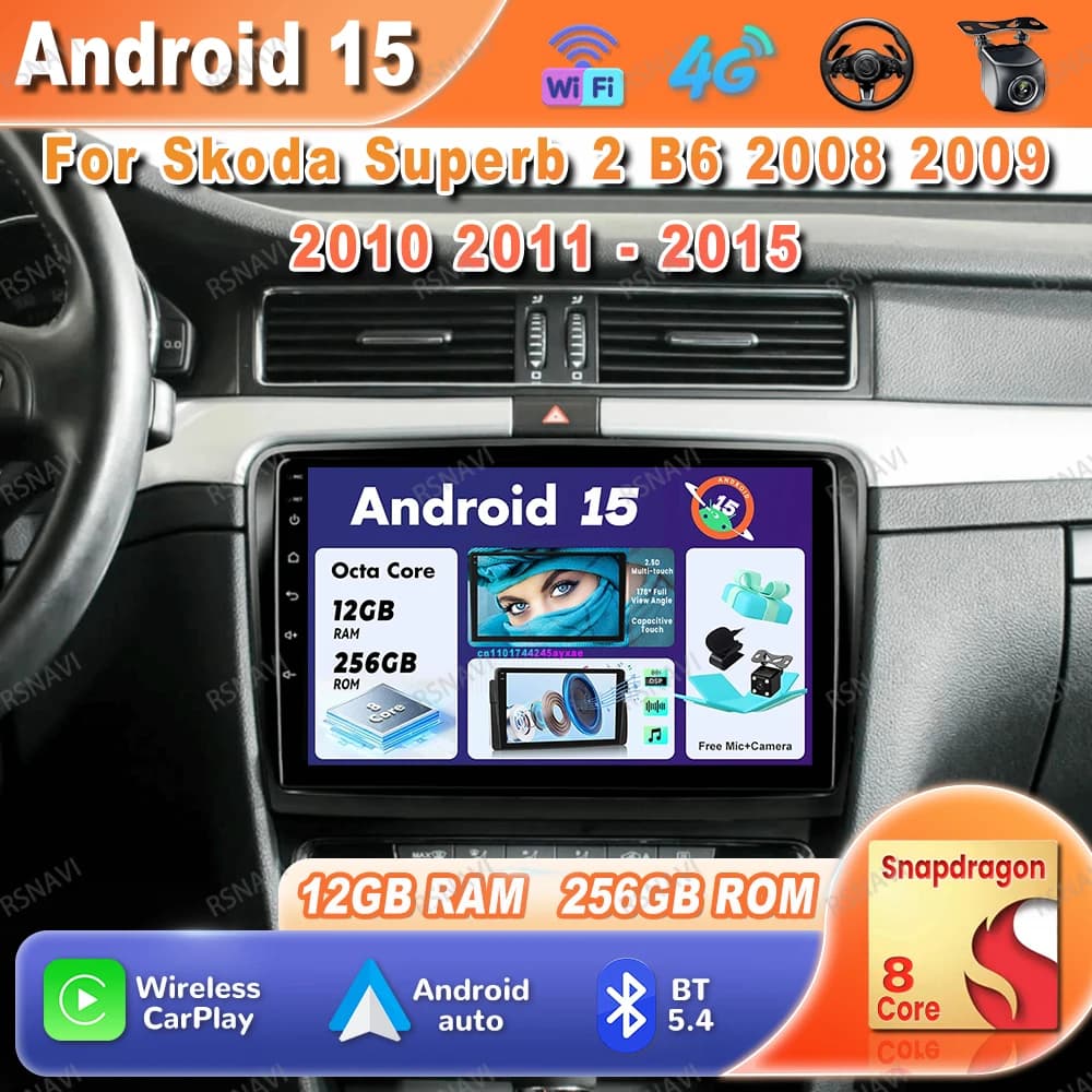 Autoradio Android 15 Per Skoda Superb 2 B6 2008 2009 2010 2011 - 2015 Navigazione 4G LTE DVD DSP BT Qualcomm GPS Viedo Player