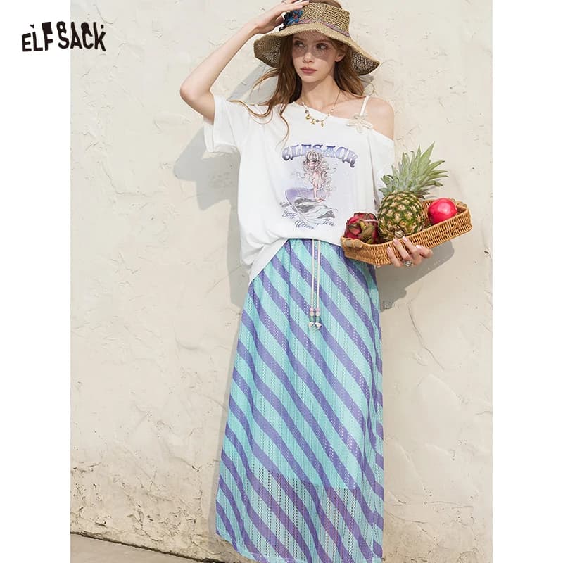 ELFSACK Women's Off Shoulder White Tee and Midi Knit Skirt Set, Graphic Print T-Shirt with Striped Dress for Summer, Chic Suit