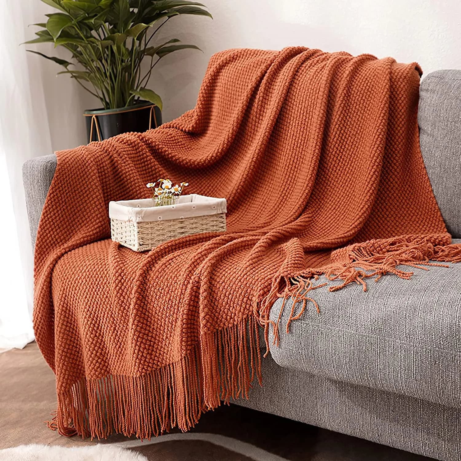 Coperta in maglia nordica Rust Gift per letto e divano, plaid da viaggio, coperta tinta unita morbida primaverile/estiva con nappe