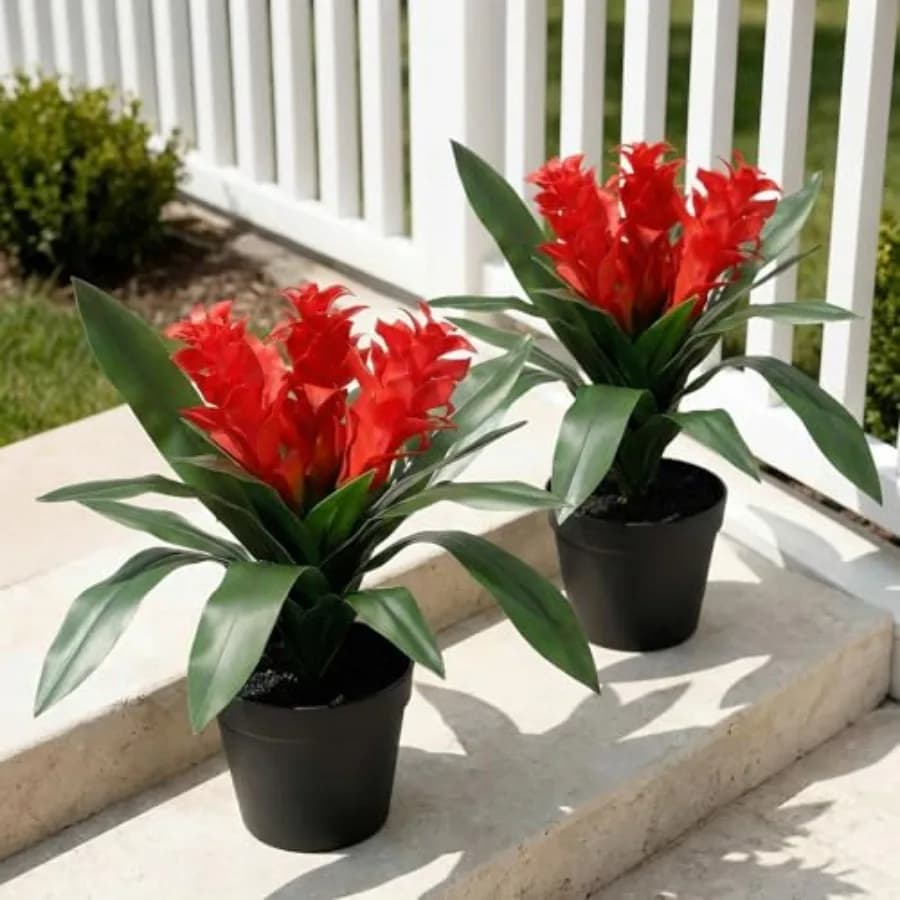 2 Pezzi Fiori Artificiali di Bromelia Tropicale in Vaso da 16 Pollici, 3 Teste di Bromelia Rossa con Vaso Decorativo Finto, Pianta Realistica a Forma di Ananas