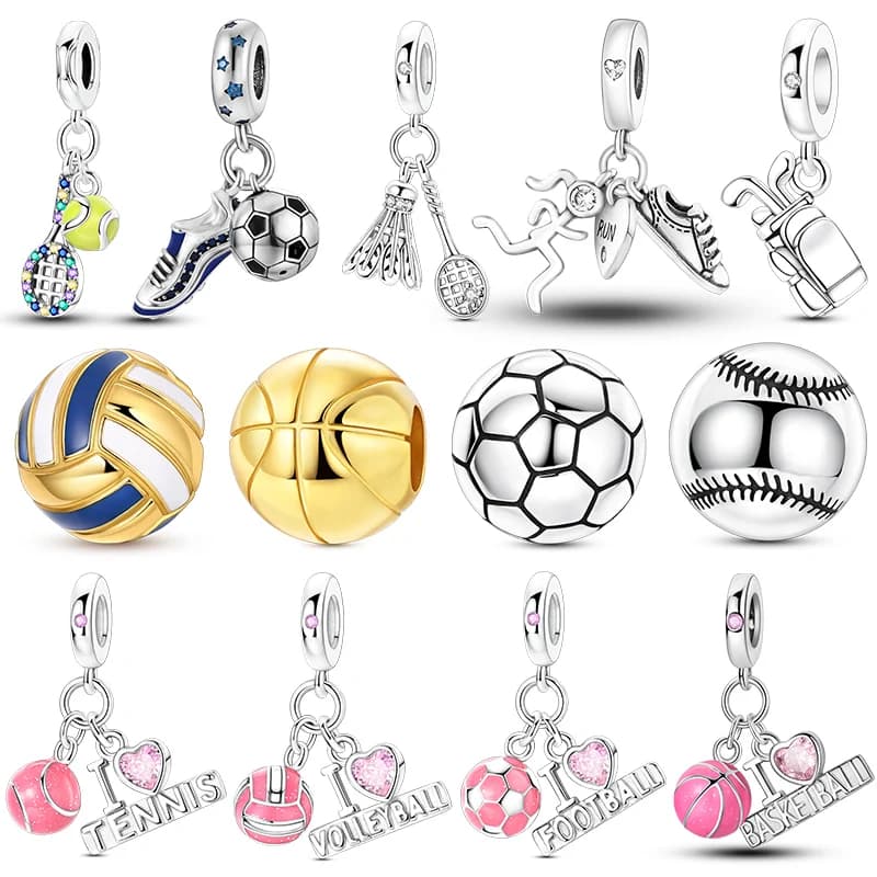 Sterling 925 Sterling Silver Pendants, Sporty Charm: Basketball, Football, Tennis, Volleyball, Golden Pendant for Women's Fine Jewels and Girlfriend