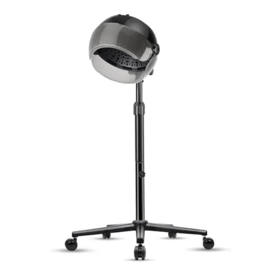 Asciugacapelli con cappuccio per uso domestico e professionale, altezza regolabile, struttura in acciaio inossidabile, colore bianco, impostazione del timer, controllo touch.