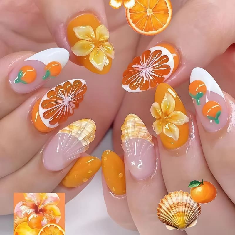 2026New 30pcs 3D Fruit Orange Wearing Armor Orange Gradient Nail Art Fake Nail Wearing Armor