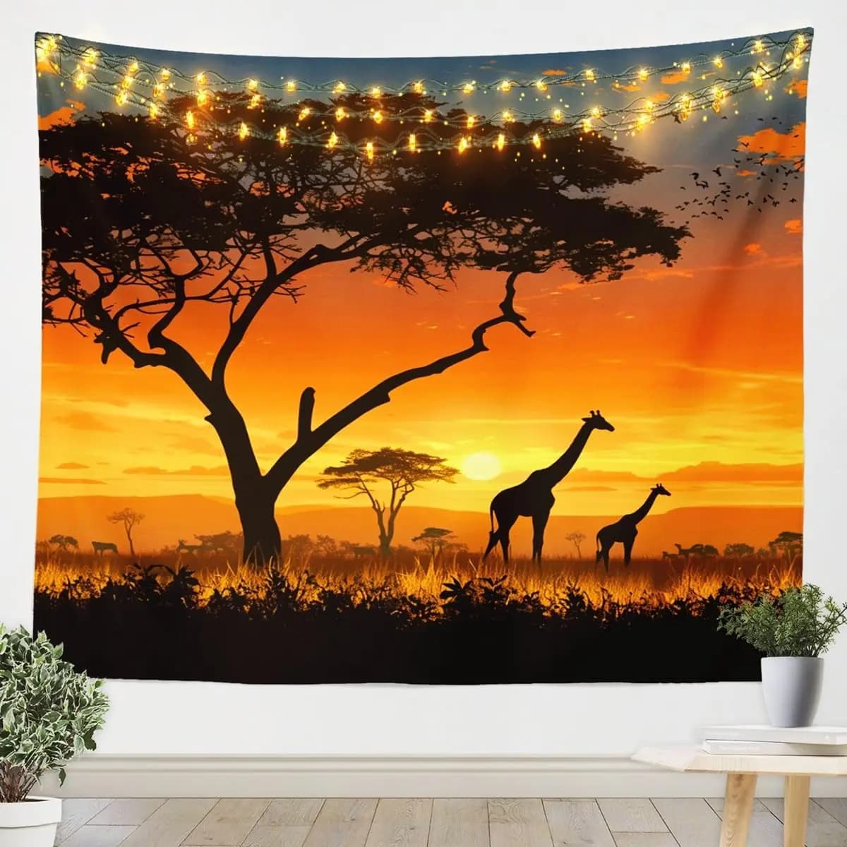 Wildlife Safari Tapestry, Serene Sunset Scene with Giraffes and Acacia Trees on the African Savannah Wall Art for Aesthetic Room