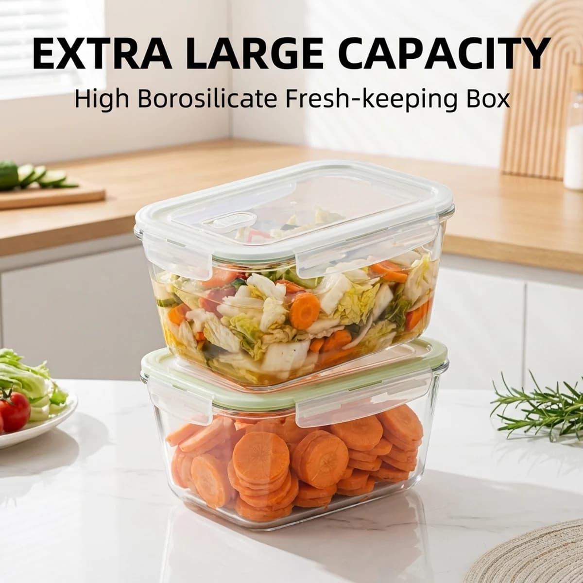 Contenitore per Alimenti in Vetro Borosilicato, Grande Recipiente Rettangolare per Sottaceti e Avanzi, Design Impilabile per Frigorifero