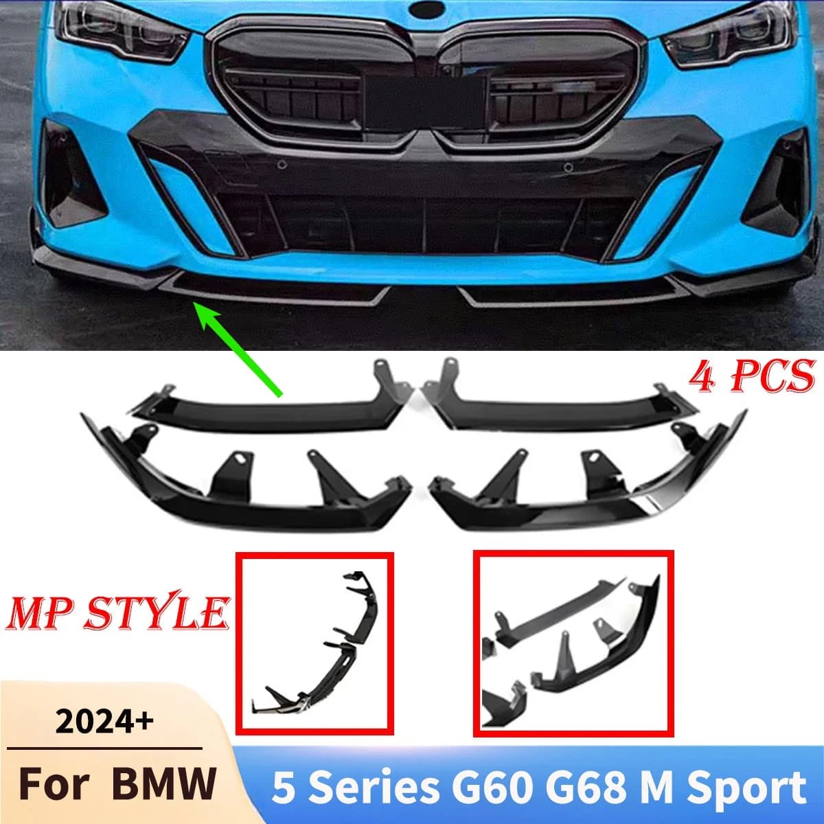 4 PCS For BMW 5 Series G60 G68 M Sport 2024+ MP Style Car Front Lip Spoiler Diffuser Tuning Auto Parts Body Kit Accessories