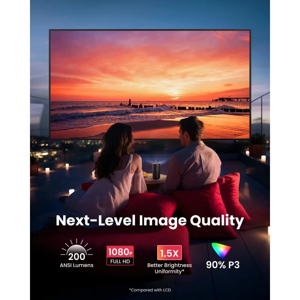 Proiettore GTV, mini proiettore intelligente 1080P con Wi-Fi, 2,5 ore di riproduzione, display da 120 pollici, Dolby Digital