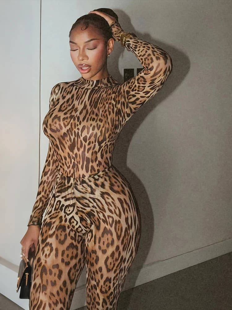 Sisterlinda Leopard Print 2 Piece Set Woman o-Neck Full Sleeve Bodysuits+Skinny Peach Hip Long Pants Midnight Club Party Suits