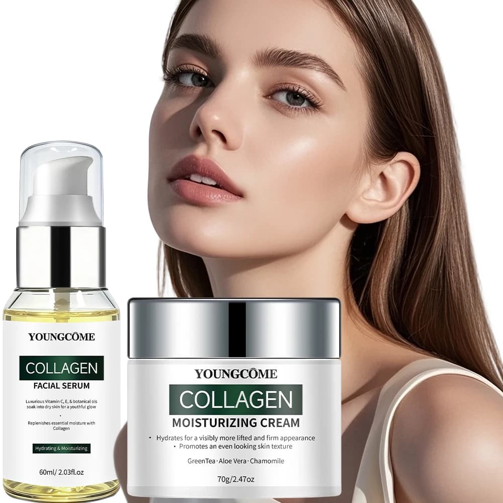 Collagen Skin Care Set, YOUNGCOME Hydrating Face Cream & Vitamin C E Serum,Daily Moisturizing Kit for Dry Skin, Replenish Moistu
