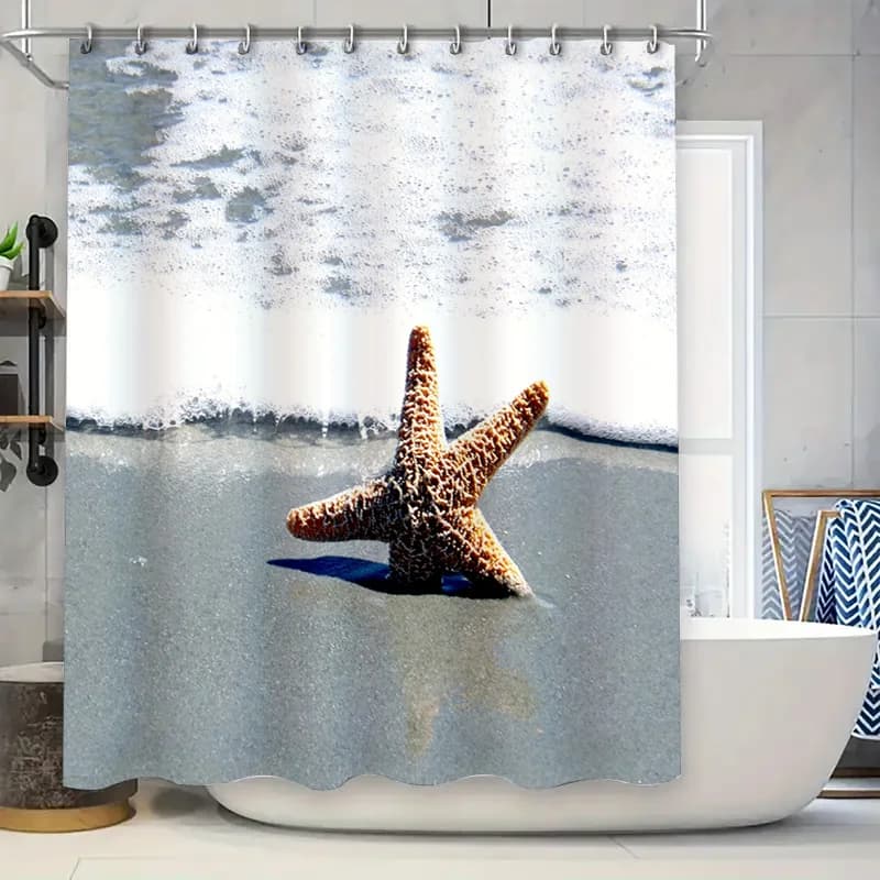 Tenda da doccia con stella marina sulla spiaggia: tessuto impermeabile decorativo per il bagno con contenitore per vasca bianco stampato con onde d'acqua blu incluso (