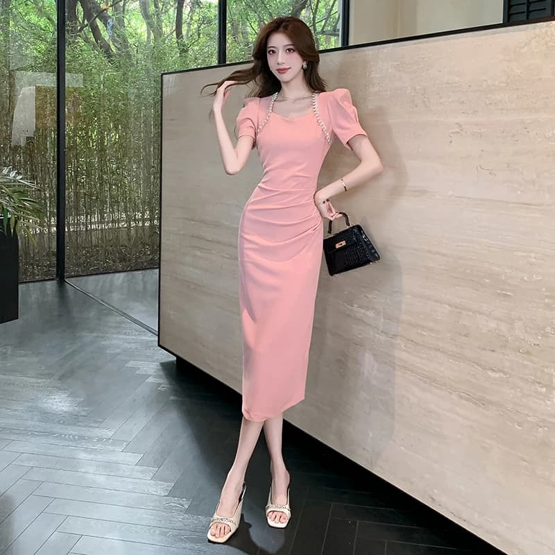 Abito da donna elegante a maniche corte con collo quadrato, vita snellente, vita alta, in lino e seta intrecciata, nuovo stile estivo
