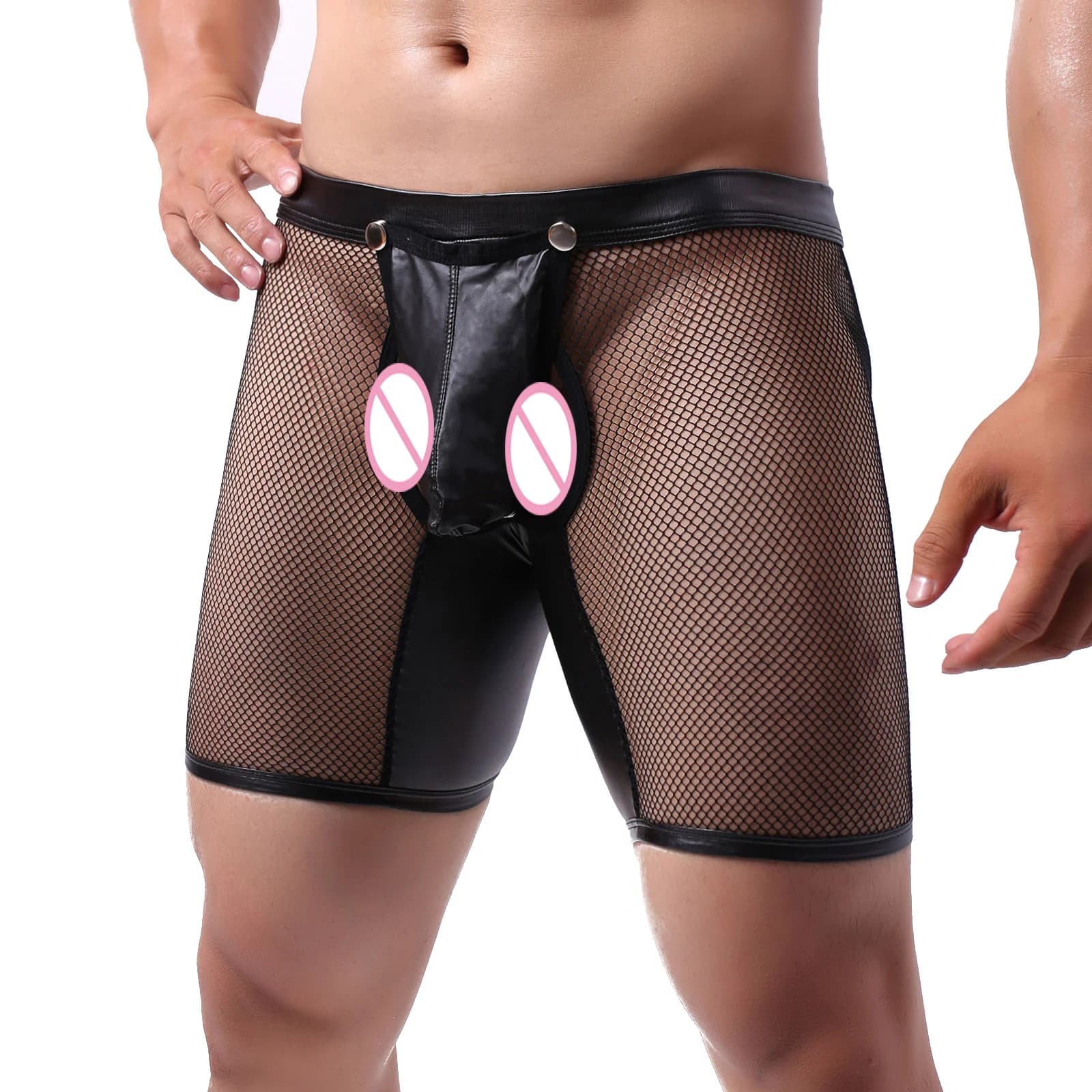 Intimo da uomo Boxer Lingerie Maglia sexy trasparente in pelle PU Custodia aperta per pene Gamba lunga Boxer con culo aperto Trasparente