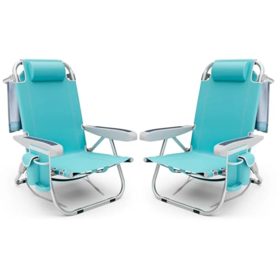 Set di 2 Sedie da Spiaggia Pieghevoli Leggere con Design Reclinabile a 5 Posizioni, Portabicchieri, Porta Asciugamani, Cinghie per Zaino e Vano Portaoggetti