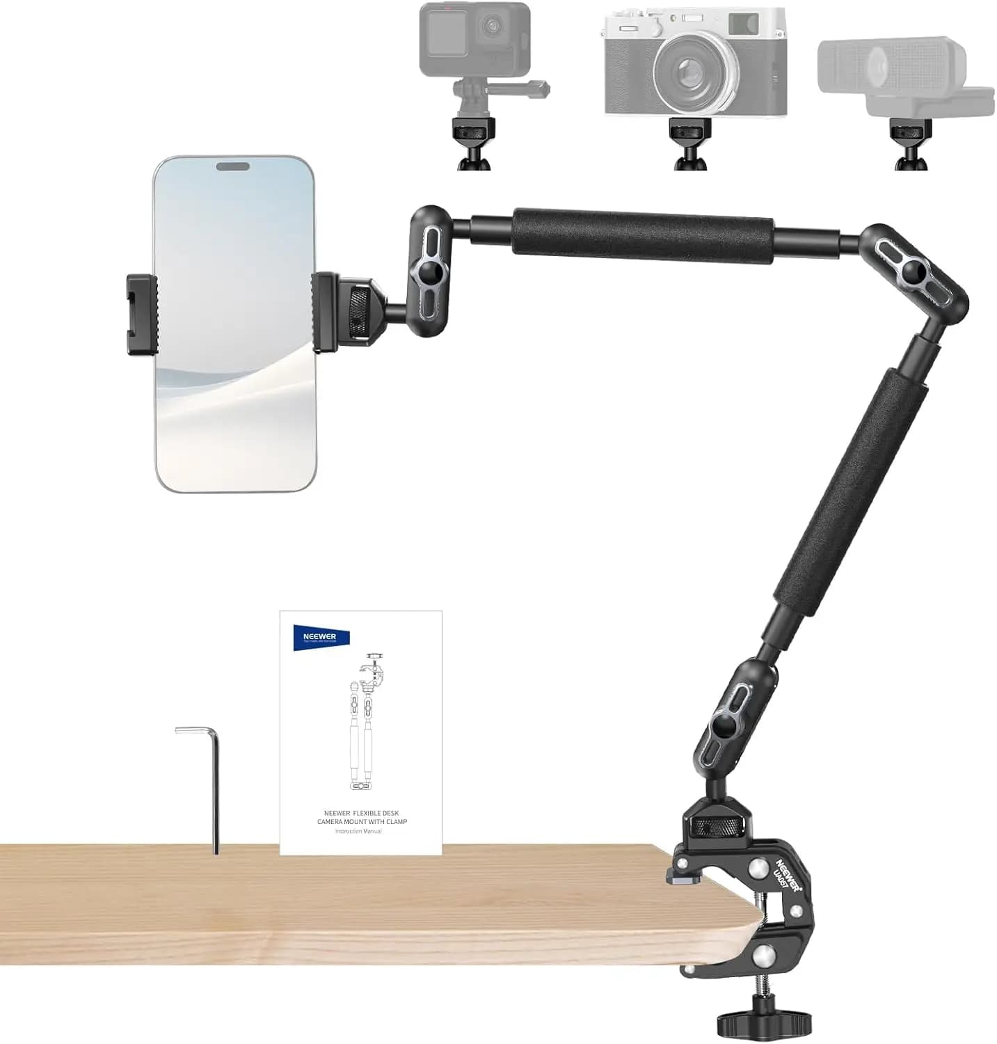 Support for Camera Adjustable from 22 Inches with Desk Clamp, Articulated Arm for Microphone, Webcam, Action Camera, Light Video