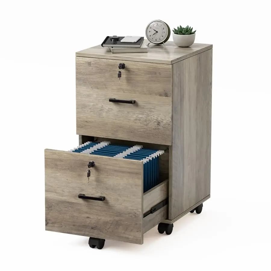 Cassettiera a 2 cassetti con serratura, mobiletto portadocumenti in legno grigio rustico per cartelle formato lettera con linguette, mobiletto portadocumenti con ruote da sotto scrivania