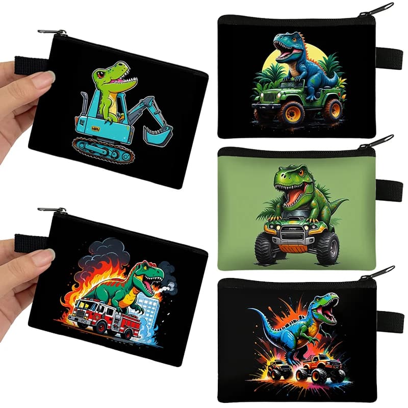 Cute Dinosaur Truck Engineering Print Coin Purse Cartoon Vehicle Excavator Fire Car Wallets ID Credit Card Bag Children's Gift