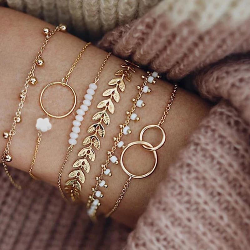 6 pz/set Boho bracciale Set donna nappe foglie catene circolari gioielli Bangle