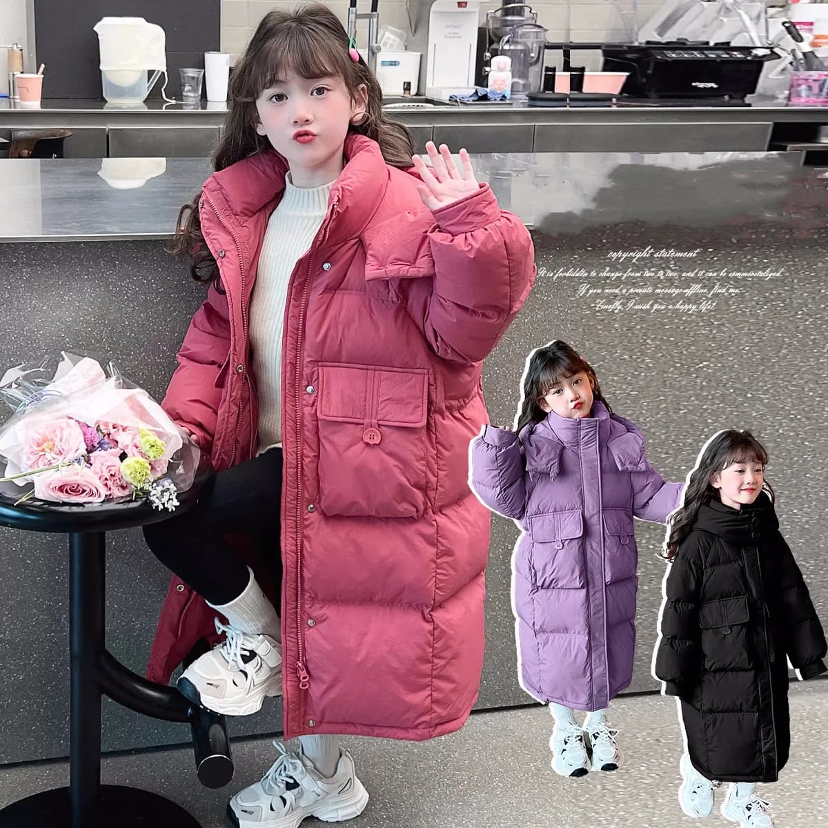 Winter Warm Girls Plain X-Long Big Button Hooded Zip Puffer Jacket School Kid Thick Snow Coat Children Outfit Windbreaker 5-16Yr
