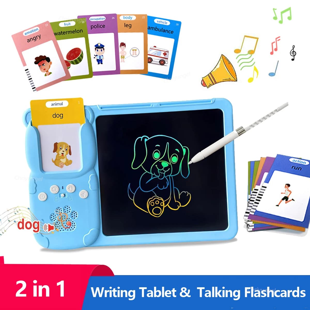 Schede flash parlanti 2 in 1 e tavoletta per scrittura LCD Giocattolo educativo per l'apprendimento dell'inglese con audio Regali per bambini Ragazzo Ragazza Bambino