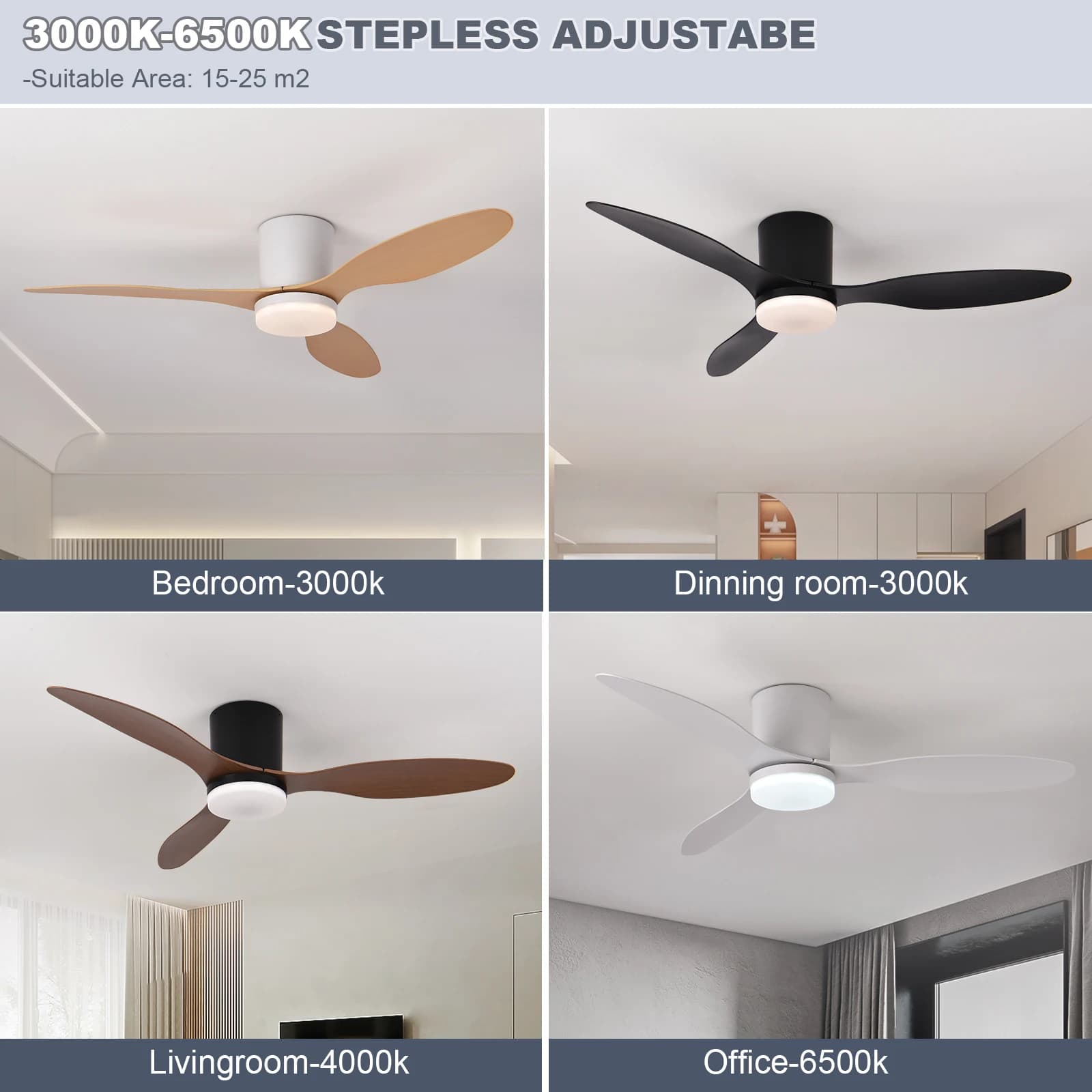 Ventilatori da soffitto moderni neri e bianchi a basso profilo con motore DC e telecomando, semplici ventilatori da soffitto con luce per la casa