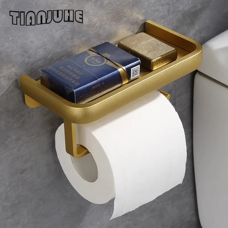 Toilet Paper Holder with Phone Shelf Adhesive or Screw Wall Mounted Toilet Paper Roll Storage Bathroom Tissue Roll Holder