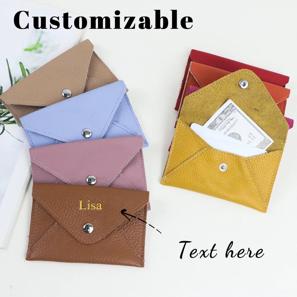 Customized name top-grade leather envelope wallet mini ID case pure leather business card credit card bag