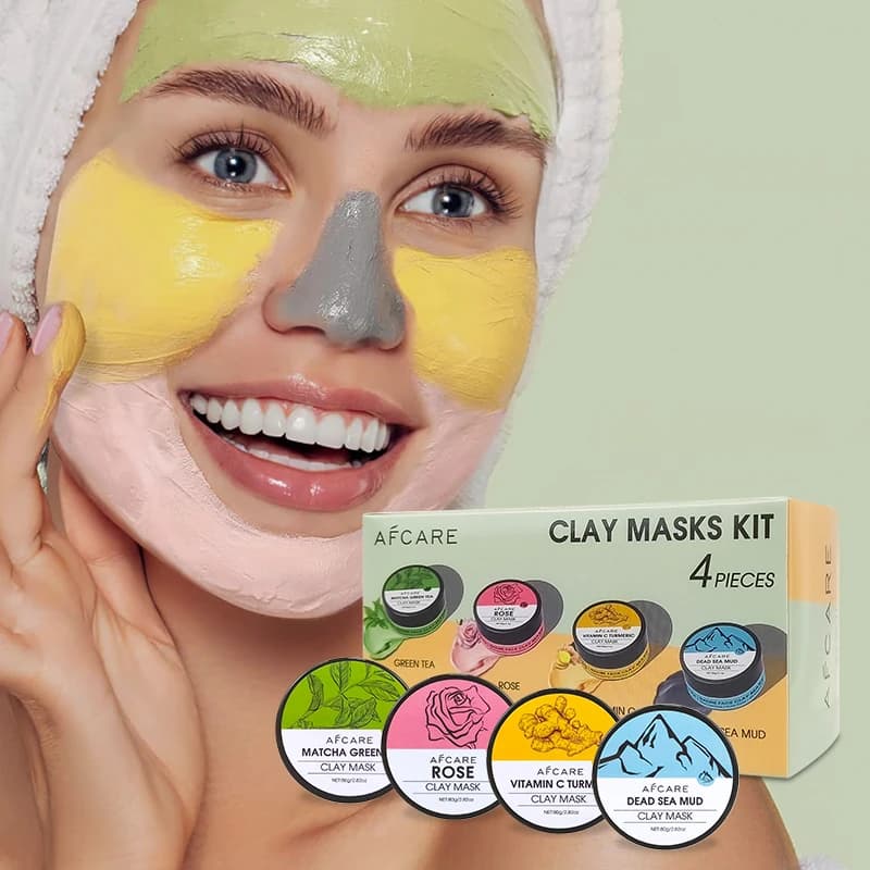 4Pcs Face Mask Set with Turmeric Clay Vitamin C Green Tea Rose Dead Sea Mud - Skin Care Deep Cleansing And Refining Masks