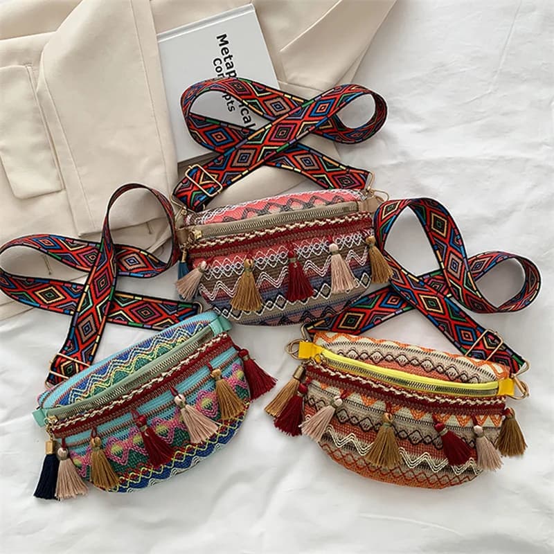 Canvas Woven Messenger Bag Women's Tassel Waist Bag Retro Leather Shoulder Bag Xinkan Ladies Shoulder Bag Fashion Trend