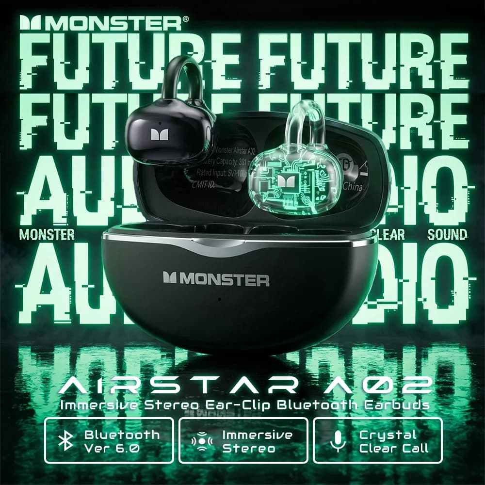 Cuffie a Clip per Orecchio Monster AirStar A02 OWS 360 ° Auricolari Wireless Bluetooth 6.0 con Audio Stereo Immersivo, Chiamate Nitide, TWS