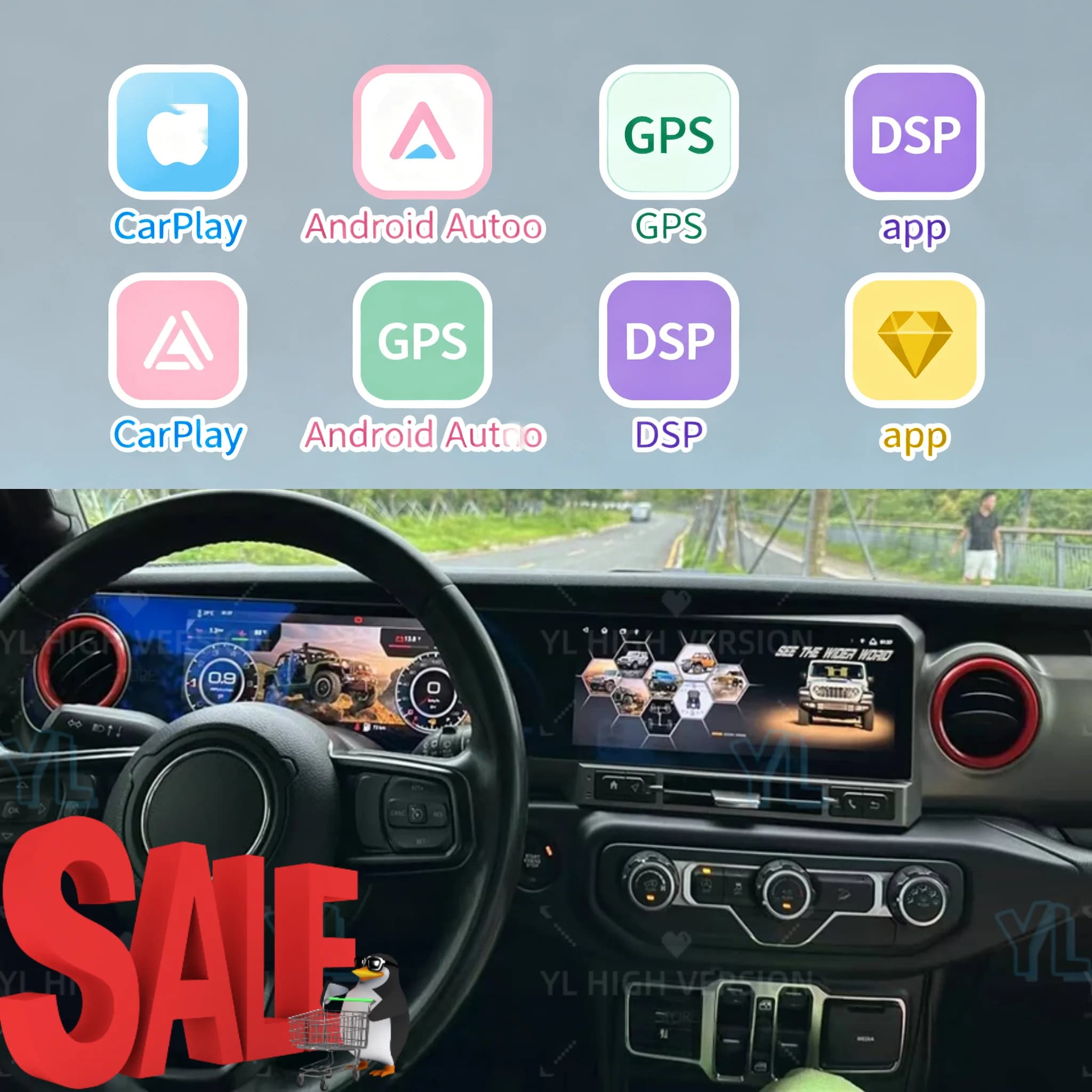 Per Jeep Wrangler 2018-2022: Pannello Strumenti LCD con Doppio Schermo, Lettore Multimediale Android, Carplay, GPS, Android Auto, Bluetooth